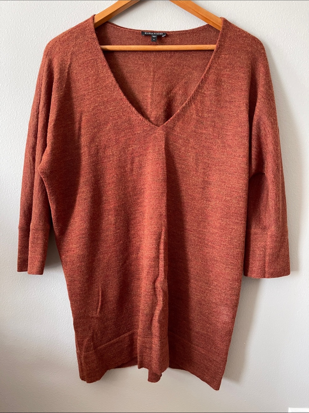Eileen Fisher 100% royal alpaca Rust-Orange V-Neck Relaxed Knit Tunic sweater